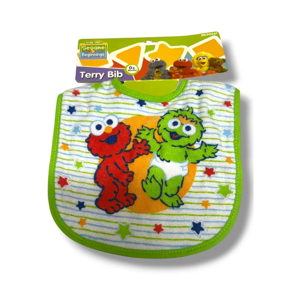 Sesame Street Elmo Oscar Terry Bib Baby 0+ Months Absorbent Hook Loop Green NEW